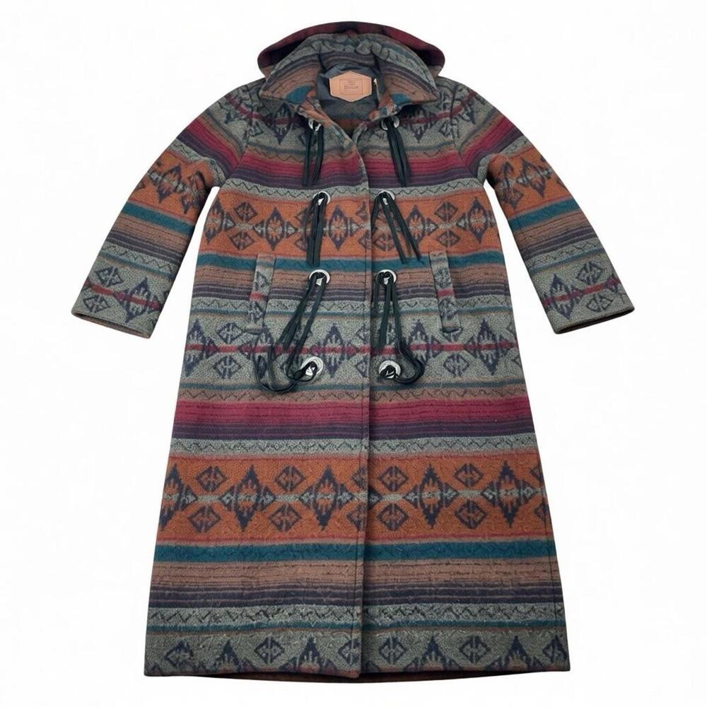 RARE Vtg 70's Woolrich Southwestern Aztec Print Long Coat Women's M Tassel Front